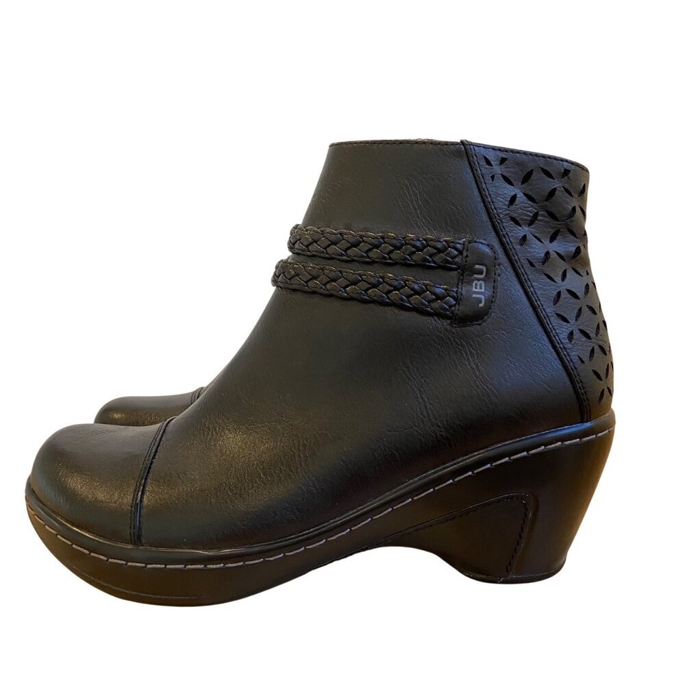 JBU Womens Black 7.5 Ankle Boot With Braided Strap Laser Cut Design wedges vegan